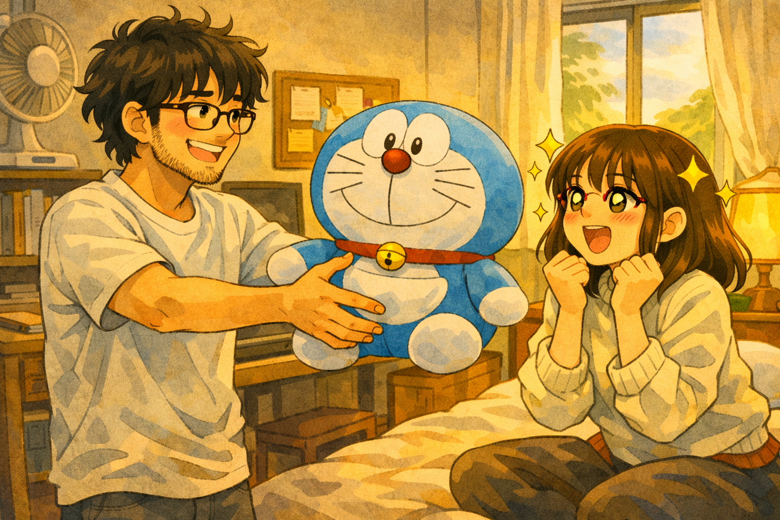 Small everyday gifts — chocolate gold coins, a kinder egg, a hair band, a muffin. The habit of always bringing something home for her.